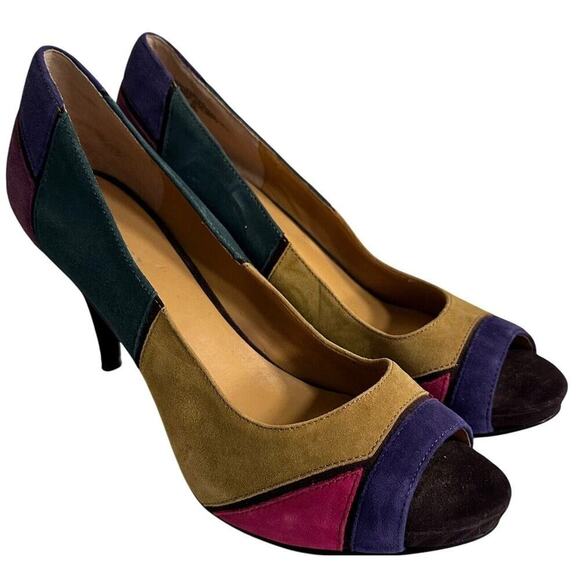 Nine West Kaspiao Open Toe Suede High Heel Dopamine Patchwork Size 8M Y2K - Picture 2 of 16
